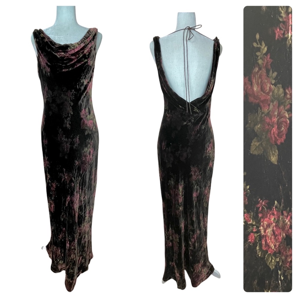 LRL Velvet Floral Print Long Maxi Dress Cowl Neck Open Back Silk Blend Size 8